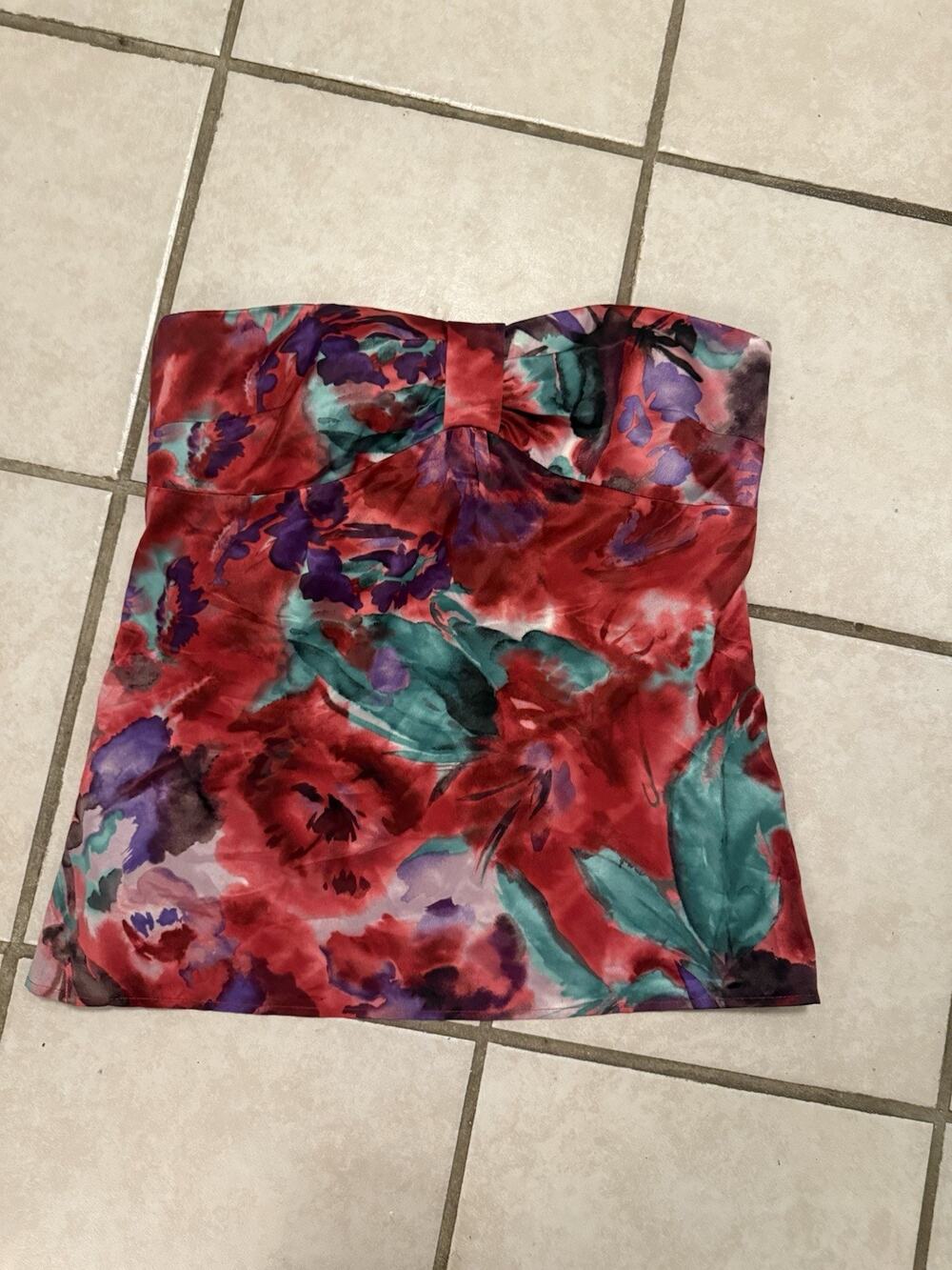 Ann Taylor Loft Red Floral Tube Top Blouse Tank Top Shirt Size 8 Y2K Satin Rose